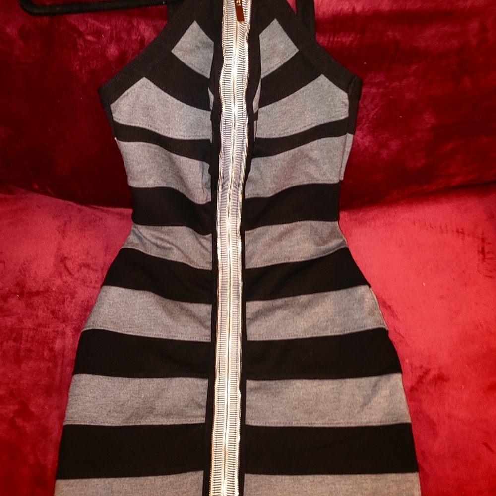 BEBE Gray Black Stripe Bodycon Club Dress Small